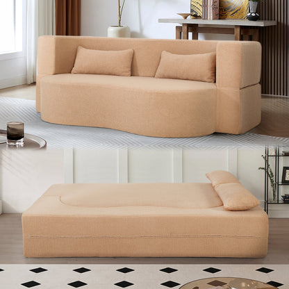 2 - in - 1 Convertible Sofa Bed, Full Size Folding Loveseat Couch with Soft Teddy Fabric, No Assembly Needed, Floor Sofa Mattress with 2 Pillows, Space - Saving Futon for Small Living Room, Dorm, RV,Apricot - 1st Choice Furniture Direct