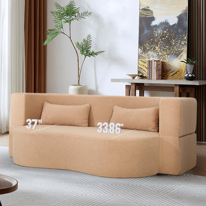 2 - in - 1 Convertible Sofa Bed, Full Size Folding Loveseat Couch with Soft Teddy Fabric, No Assembly Needed, Floor Sofa Mattress with 2 Pillows, Space - Saving Futon for Small Living Room, Dorm, RV,Apricot - 1st Choice Furniture Direct