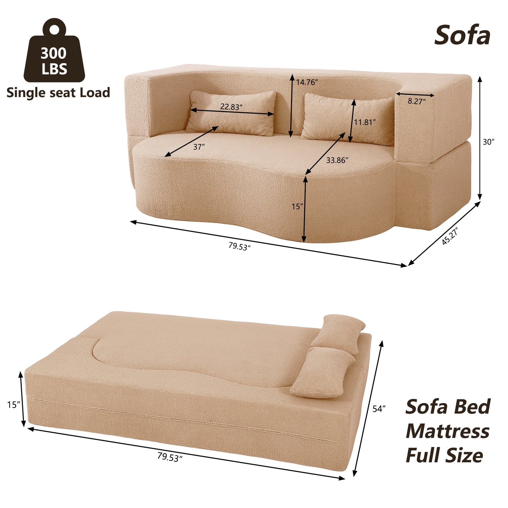 2 - in - 1 Convertible Sofa Bed, Full Size Folding Loveseat Couch with Soft Teddy Fabric, No Assembly Needed, Floor Sofa Mattress with 2 Pillows, Space - Saving Futon for Small Living Room, Dorm, RV,Apricot - 1st Choice Furniture Direct