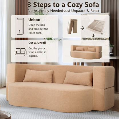 2 - in - 1 Convertible Sofa Bed, Full Size Folding Loveseat Couch with Soft Teddy Fabric, No Assembly Needed, Floor Sofa Mattress with 2 Pillows, Space - Saving Futon for Small Living Room, Dorm, RV,Apricot - 1st Choice Furniture Direct