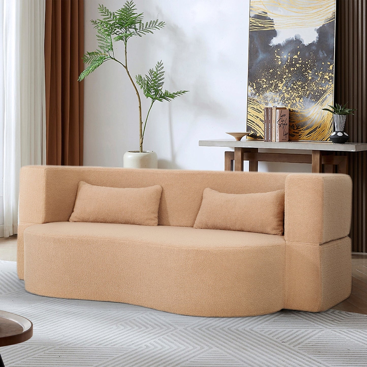 2 - in - 1 Convertible Sofa Bed, Full Size Folding Loveseat Couch with Soft Teddy Fabric, No Assembly Needed, Floor Sofa Mattress with 2 Pillows, Space - Saving Futon for Small Living Room, Dorm, RV,Apricot - 1st Choice Furniture Direct