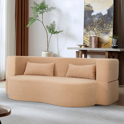 2 - in - 1 Convertible Sofa Bed, Full Size Folding Loveseat Couch with Soft Teddy Fabric, No Assembly Needed, Floor Sofa Mattress with 2 Pillows, Space - Saving Futon for Small Living Room, Dorm, RV,Apricot - 1st Choice Furniture Direct