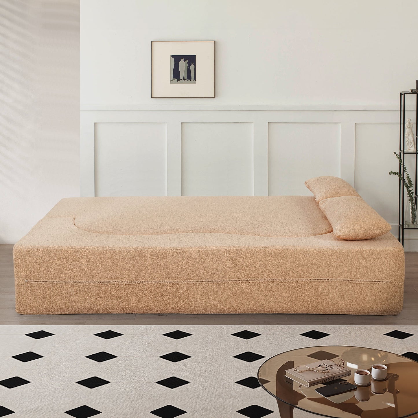2 - in - 1 Convertible Sofa Bed, Full Size Folding Loveseat Couch with Soft Teddy Fabric, No Assembly Needed, Floor Sofa Mattress with 2 Pillows, Space - Saving Futon for Small Living Room, Dorm, RV,Apricot - 1st Choice Furniture Direct