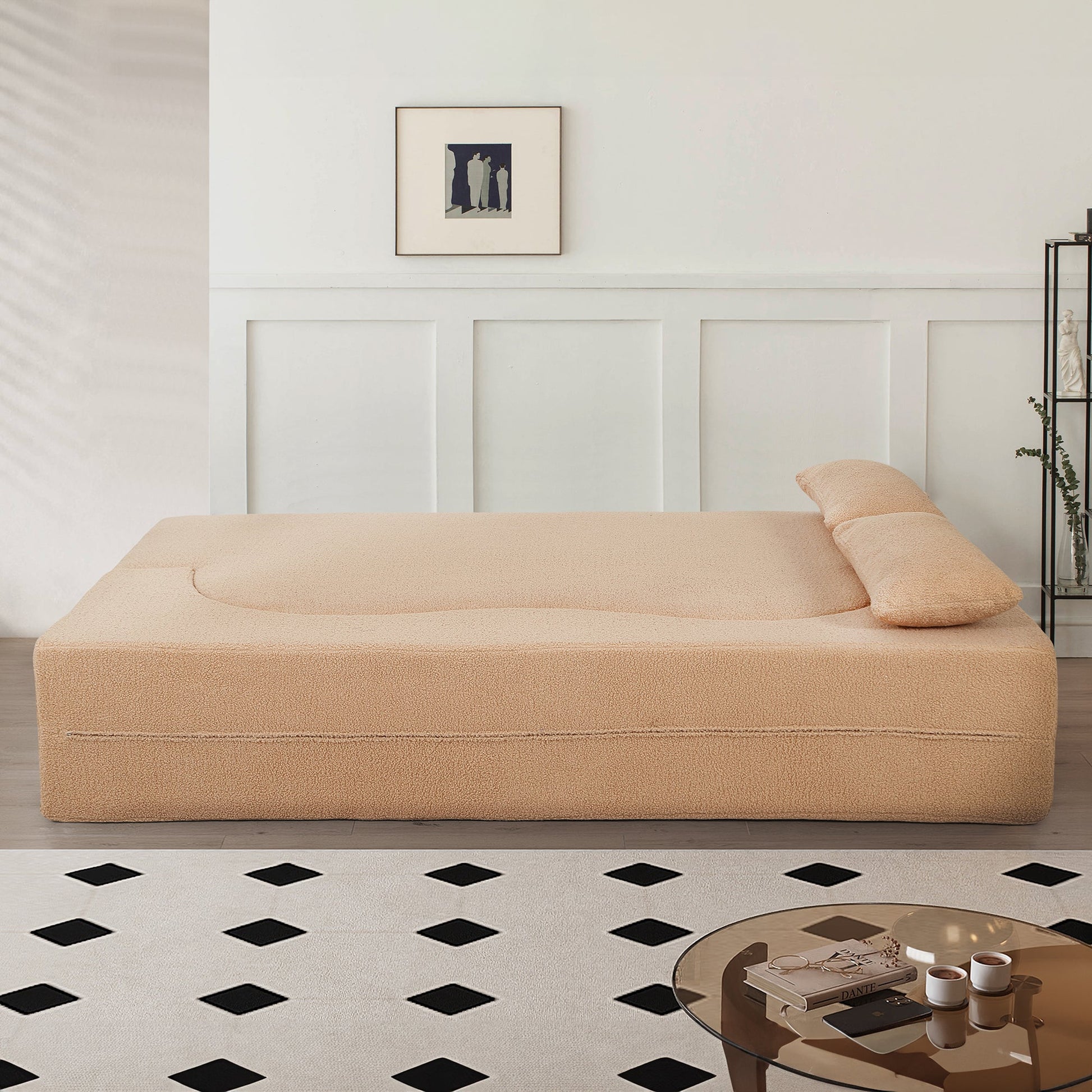 2 - in - 1 Convertible Sofa Bed, Full Size Folding Loveseat Couch with Soft Teddy Fabric, No Assembly Needed, Floor Sofa Mattress with 2 Pillows, Space - Saving Futon for Small Living Room, Dorm, RV,Apricot - 1st Choice Furniture Direct