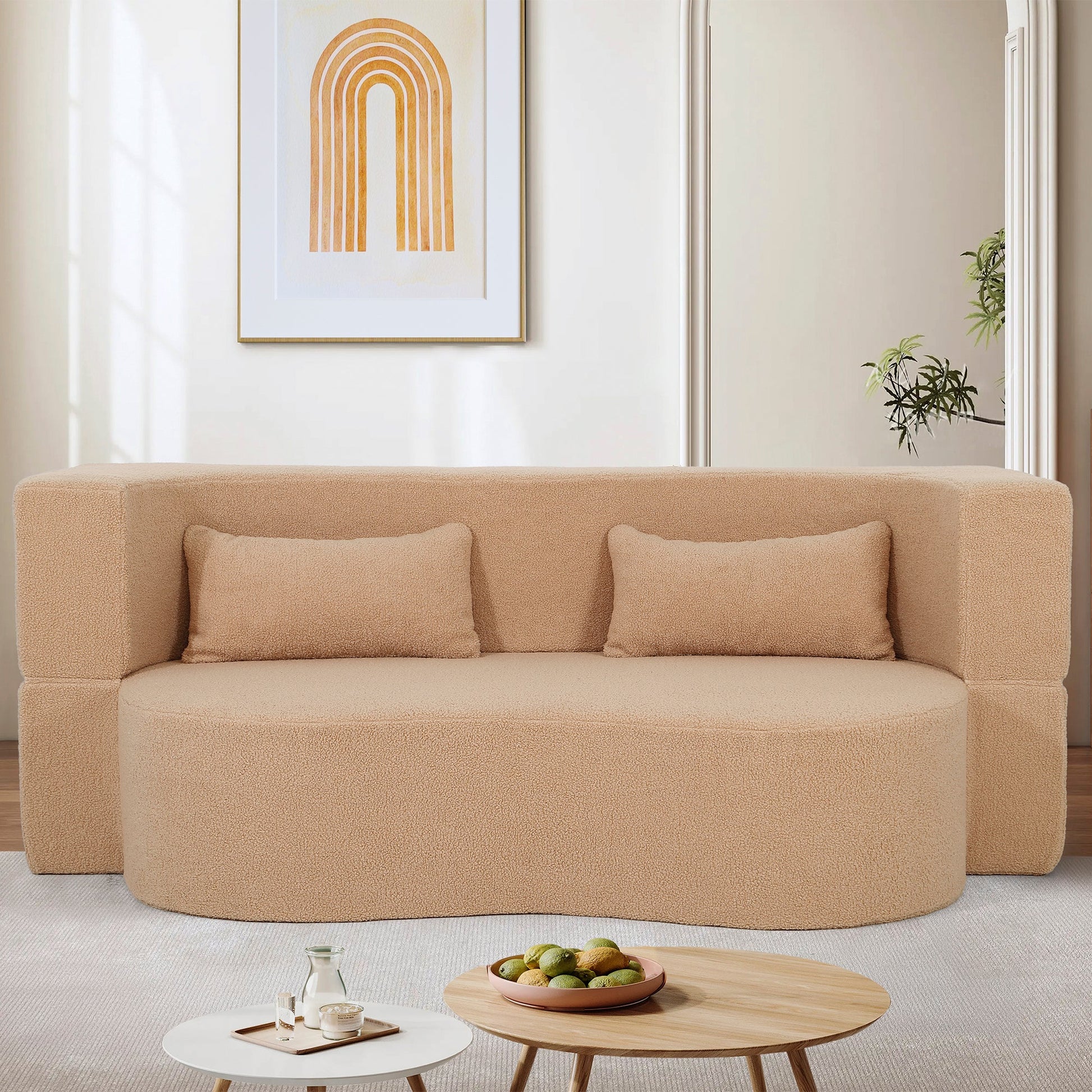 2 - in - 1 Convertible Sofa Bed, Full Size Folding Loveseat Couch with Soft Teddy Fabric, No Assembly Needed, Floor Sofa Mattress with 2 Pillows, Space - Saving Futon for Small Living Room, Dorm, RV,Apricot - 1st Choice Furniture Direct