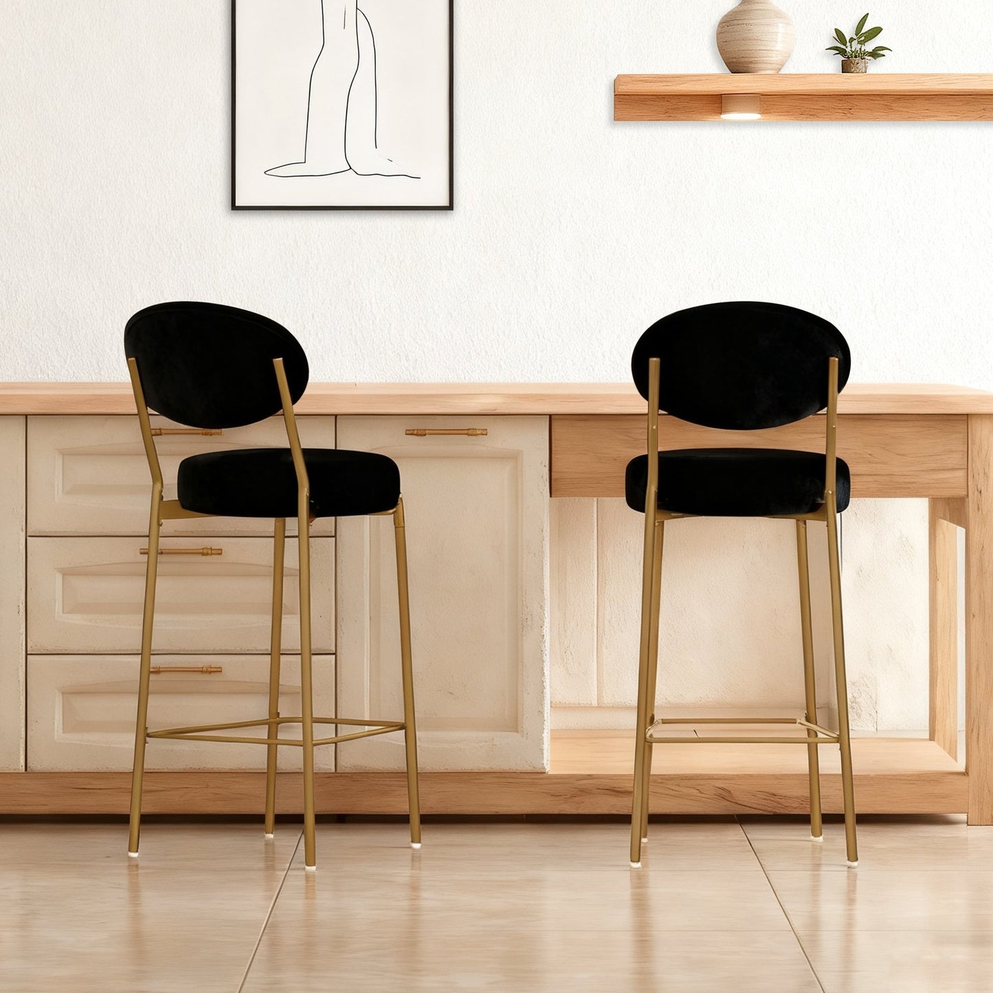 2 - Pack Modern Velvet Bar Stools with Gold Metal Legs Accent Round Counter Stools for Kitchen Island, Home Bar (Black) - 1st Choice Furniture Direct