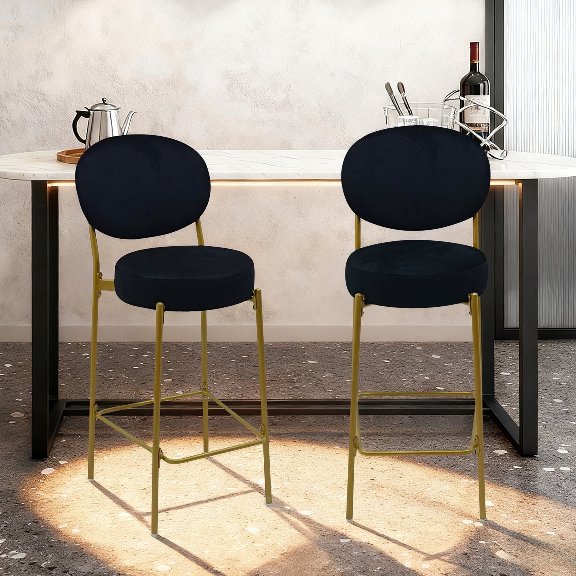 2 - Pack Modern Velvet Bar Stools with Gold Metal Legs Accent Round Counter Stools for Kitchen Island, Home Bar (Black) - 1st Choice Furniture Direct