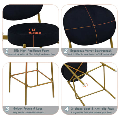 2 - Pack Modern Velvet Bar Stools with Gold Metal Legs Accent Round Counter Stools for Kitchen Island, Home Bar (Black) - 1st Choice Furniture Direct