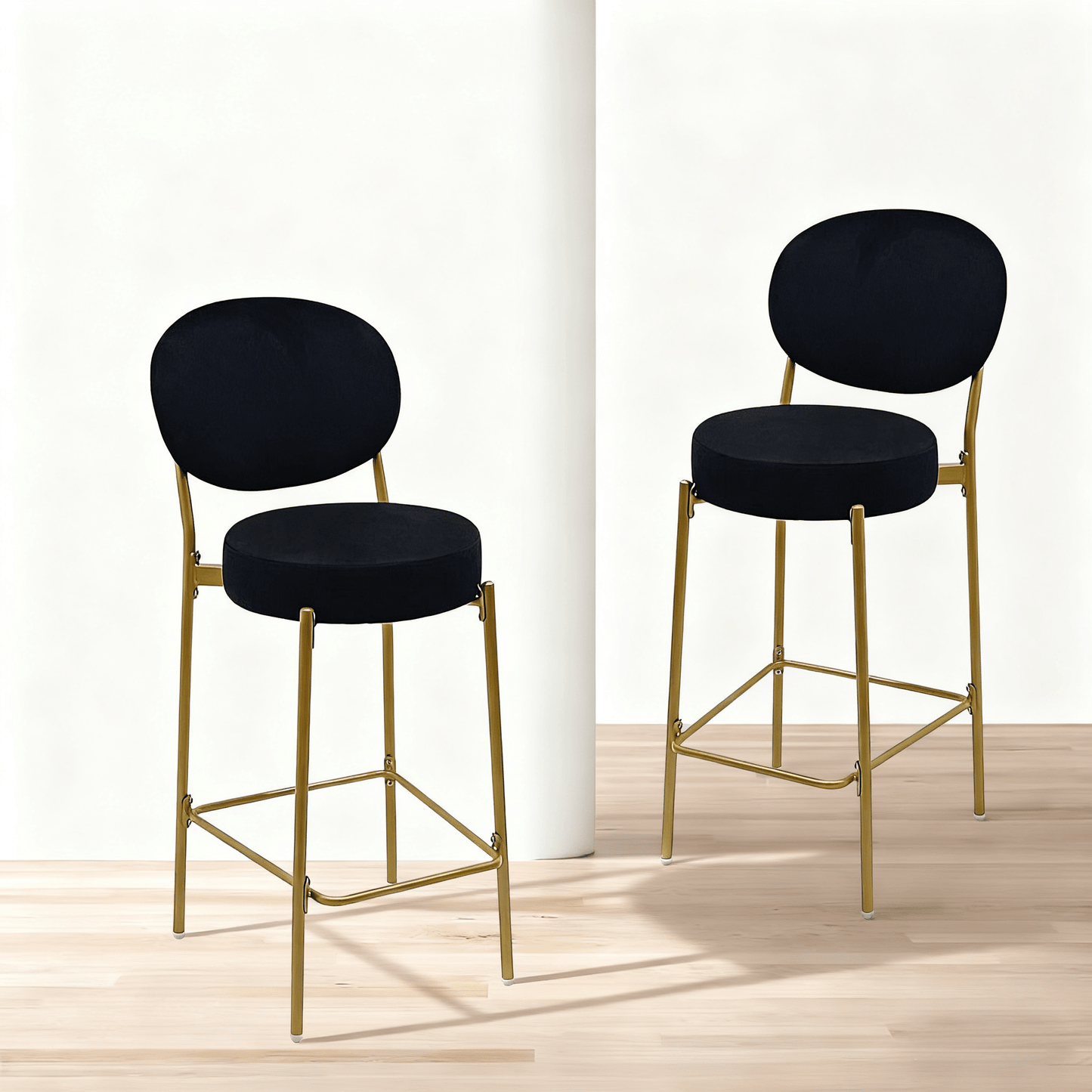 2 - Pack Modern Velvet Bar Stools with Gold Metal Legs Accent Round Counter Stools for Kitchen Island, Home Bar (Black) - 1st Choice Furniture Direct