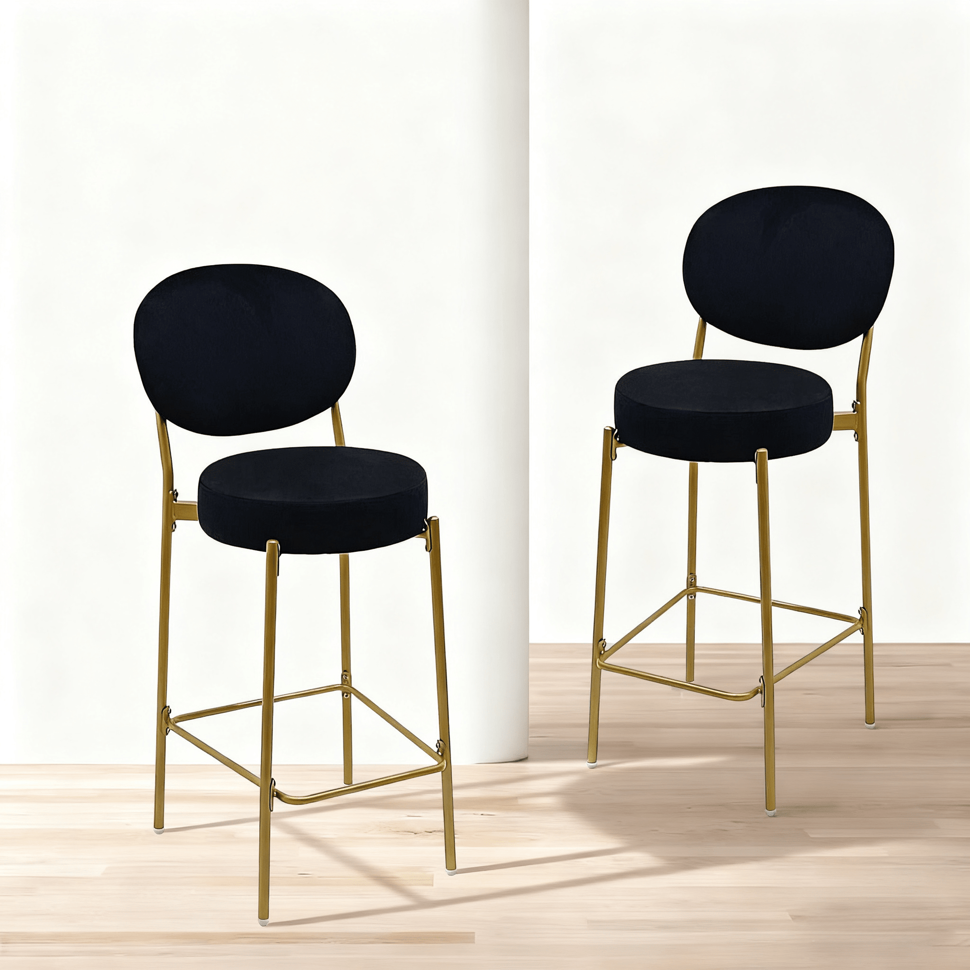 2 - Pack Modern Velvet Bar Stools with Gold Metal Legs Accent Round Counter Stools for Kitchen Island, Home Bar (Black) - 1st Choice Furniture Direct