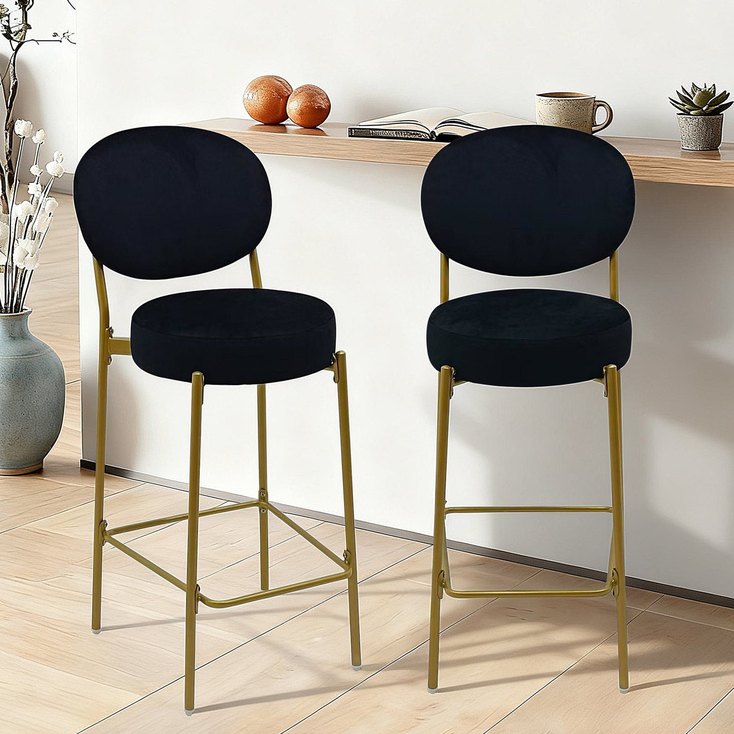 2 - Pack Modern Velvet Bar Stools with Gold Metal Legs Accent Round Counter Stools for Kitchen Island, Home Bar (Black) - 1st Choice Furniture Direct