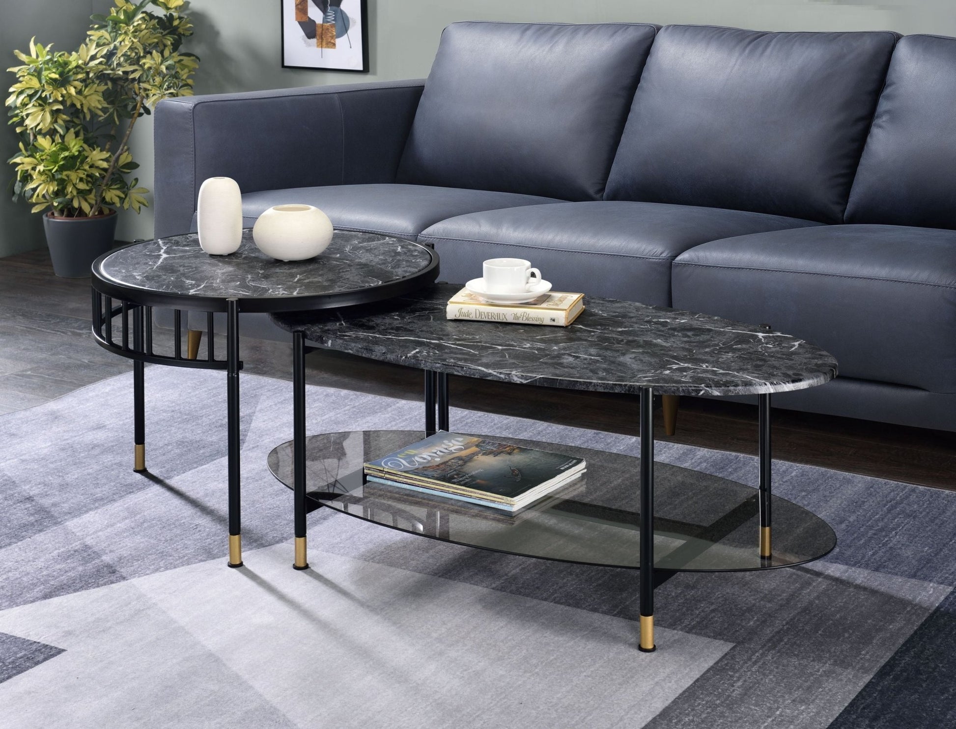 2 Piece Faux Marble Nesting Coffee Table Set with Storage Shelf - 1st Choice Furniture Direct