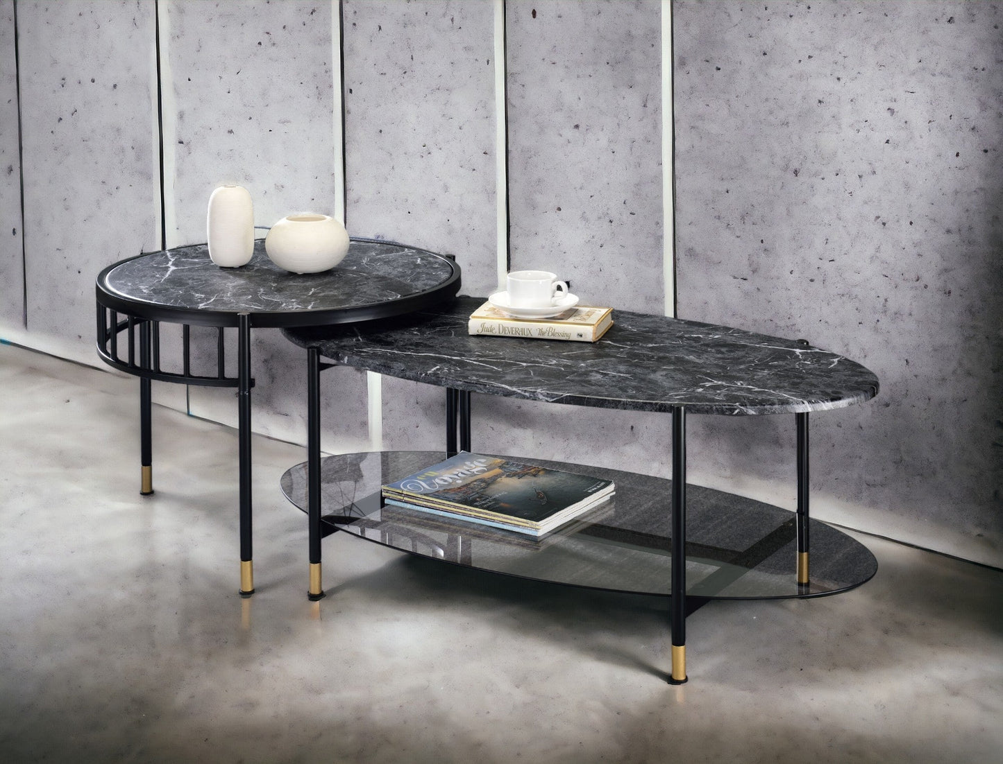 2 Piece Faux Marble Nesting Coffee Table Set with Storage Shelf - 1st Choice Furniture Direct