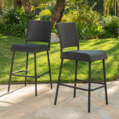 2 Piece Outdoor Wicker Patio Bar Stool Set in Dark Brown - 1st Choice Furniture Direct