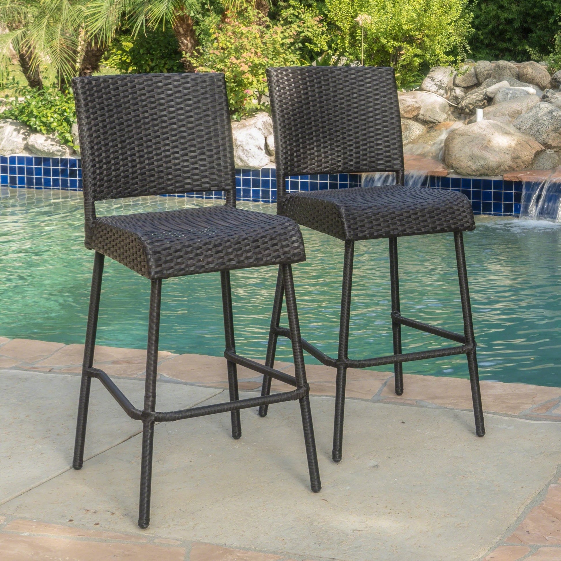 2 Piece Outdoor Wicker Patio Bar Stool Set in Dark Brown - 1st Choice Furniture Direct