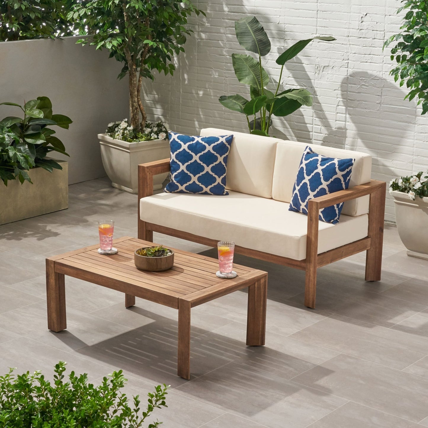 2 - Piece Patio Set with Open - Back Loveseat and Coffee Table, Beige and Brown - 1st Choice Furniture Direct