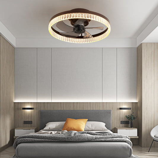 20' Brown Ceiling Fan with LED Light – Modern Flush Mount Fan Light for Bedroom, Living Room, and Home Décor with Crystal Ring Design - 1st Choice Furniture Direct