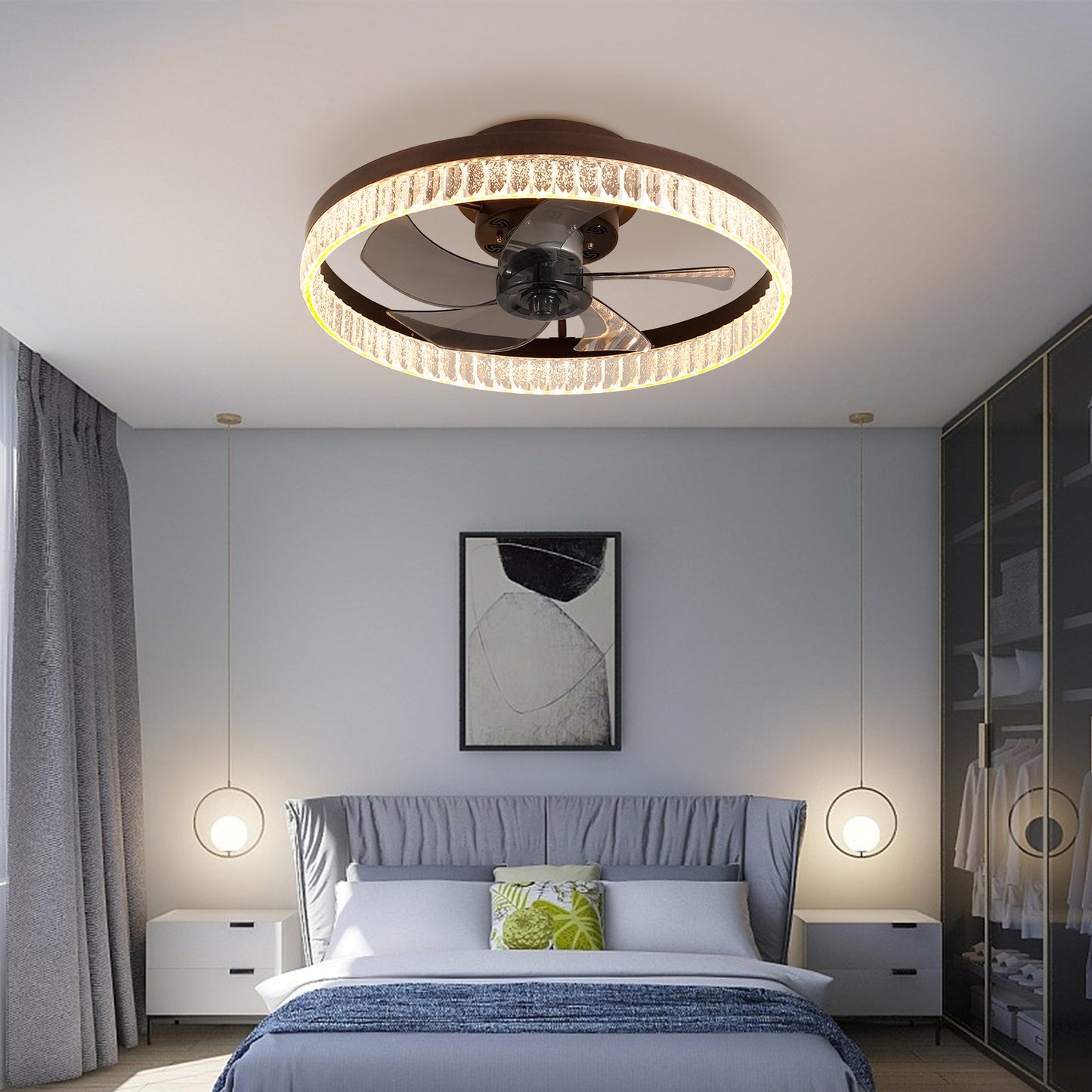 20' Brown Ceiling Fan with LED Light – Modern Flush Mount Fan Light for Bedroom, Living Room, and Home Décor with Crystal Ring Design - 1st Choice Furniture Direct