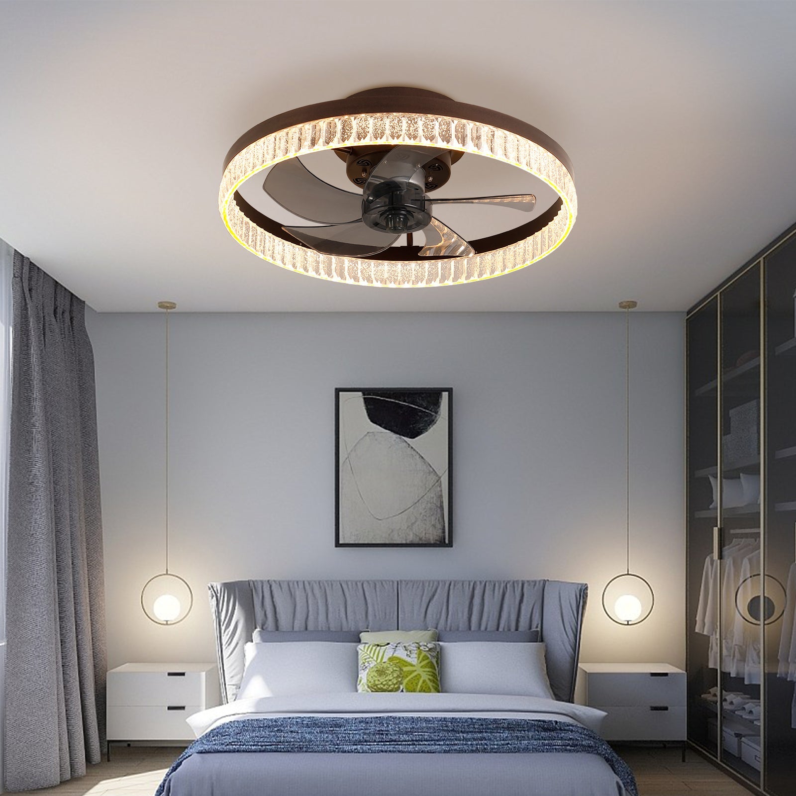 20' Brown Ceiling Fan with LED Light – Modern Flush Mount Fan Light for Bedroom, Living Room, and Home Décor with Crystal Ring Design - 1st Choice Furniture Direct