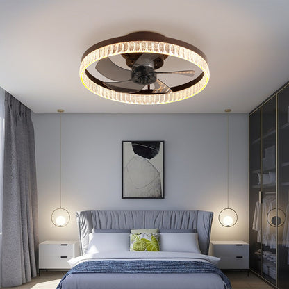 20' Brown Ceiling Fan with LED Light – Modern Flush Mount Fan Light for Bedroom, Living Room, and Home Décor with Crystal Ring Design - 1st Choice Furniture Direct