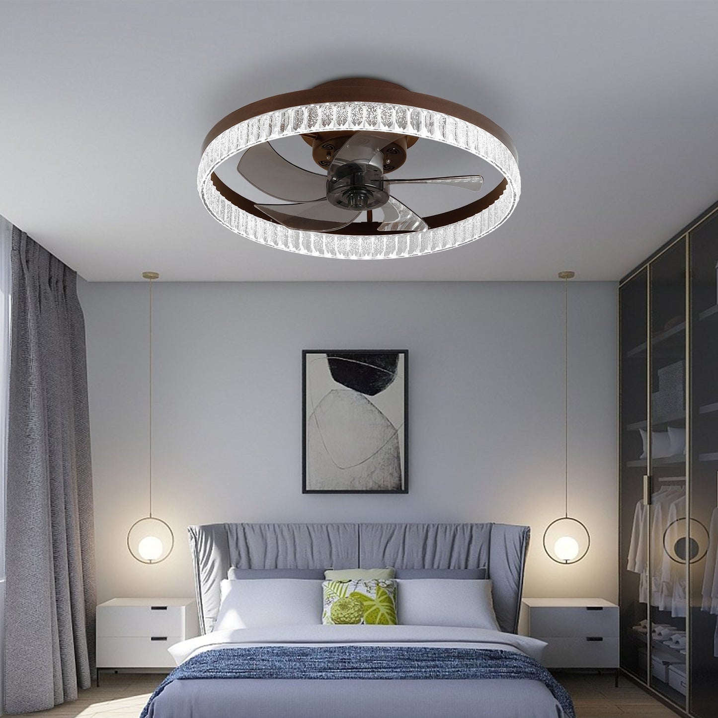 20' Brown Ceiling Fan with LED Light – Modern Flush Mount Fan Light for Bedroom, Living Room, and Home Décor with Crystal Ring Design - 1st Choice Furniture Direct