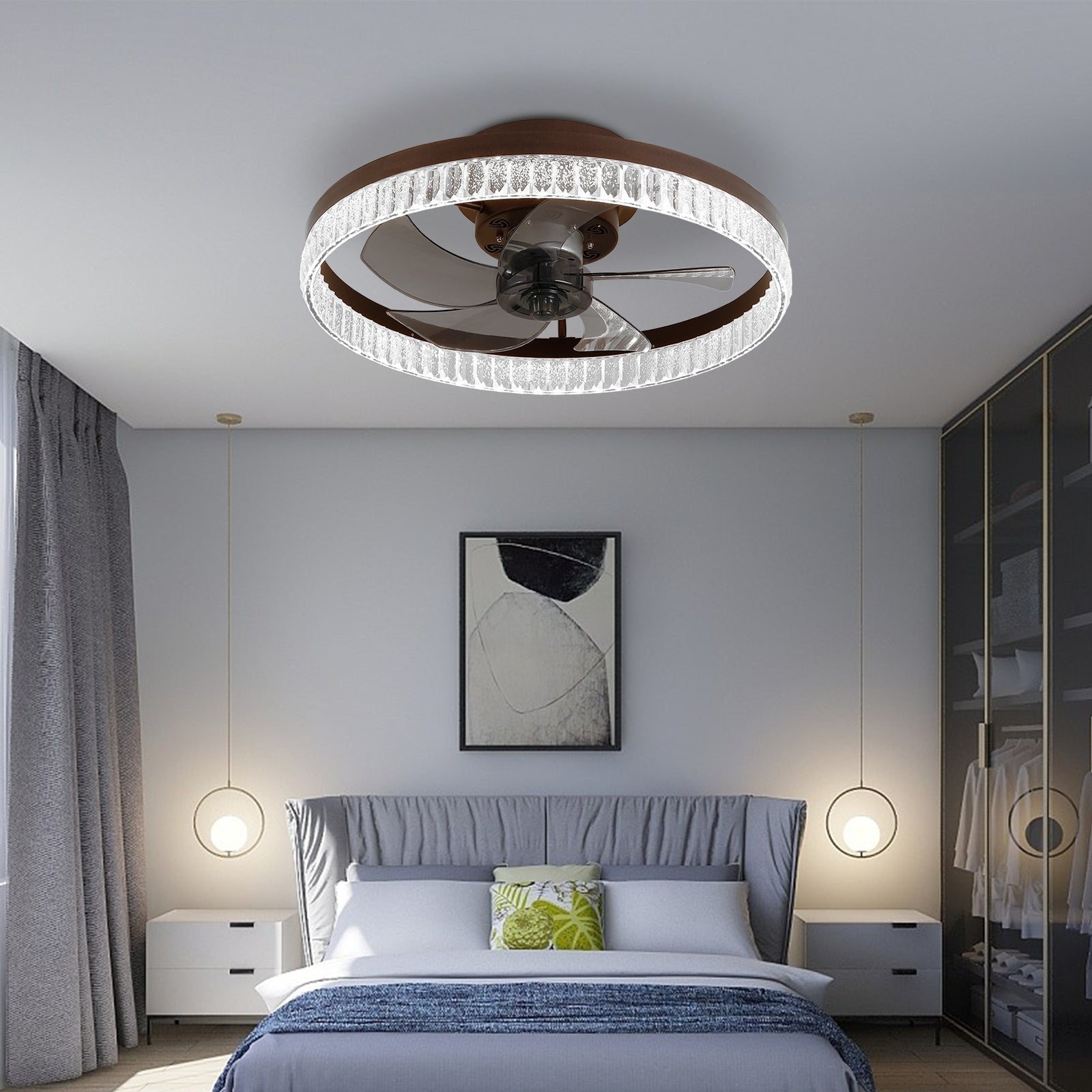 20' Brown Ceiling Fan with LED Light – Modern Flush Mount Fan Light for Bedroom, Living Room, and Home Décor with Crystal Ring Design - 1st Choice Furniture Direct