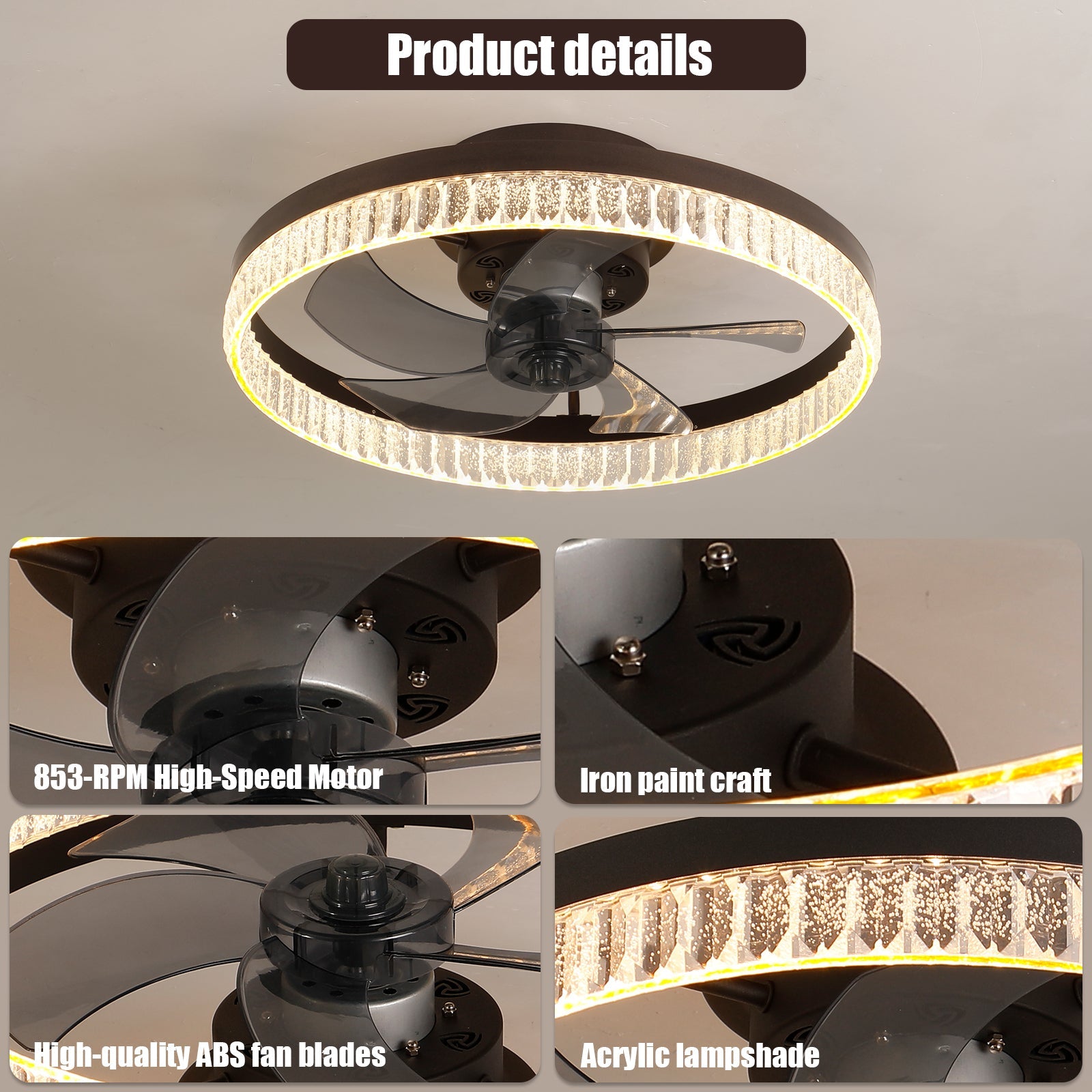 20' Brown Ceiling Fan with LED Light – Modern Flush Mount Fan Light for Bedroom, Living Room, and Home Décor with Crystal Ring Design - 1st Choice Furniture Direct