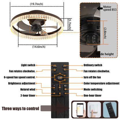 20' Brown Ceiling Fan with LED Light – Modern Flush Mount Fan Light for Bedroom, Living Room, and Home Décor with Crystal Ring Design - 1st Choice Furniture Direct
