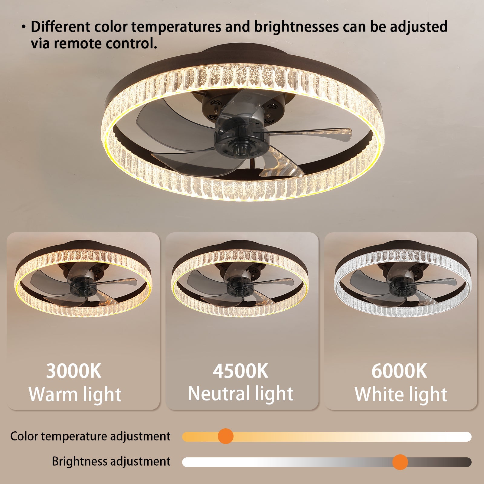 20' Brown Ceiling Fan with LED Light – Modern Flush Mount Fan Light for Bedroom, Living Room, and Home Décor with Crystal Ring Design - 1st Choice Furniture Direct