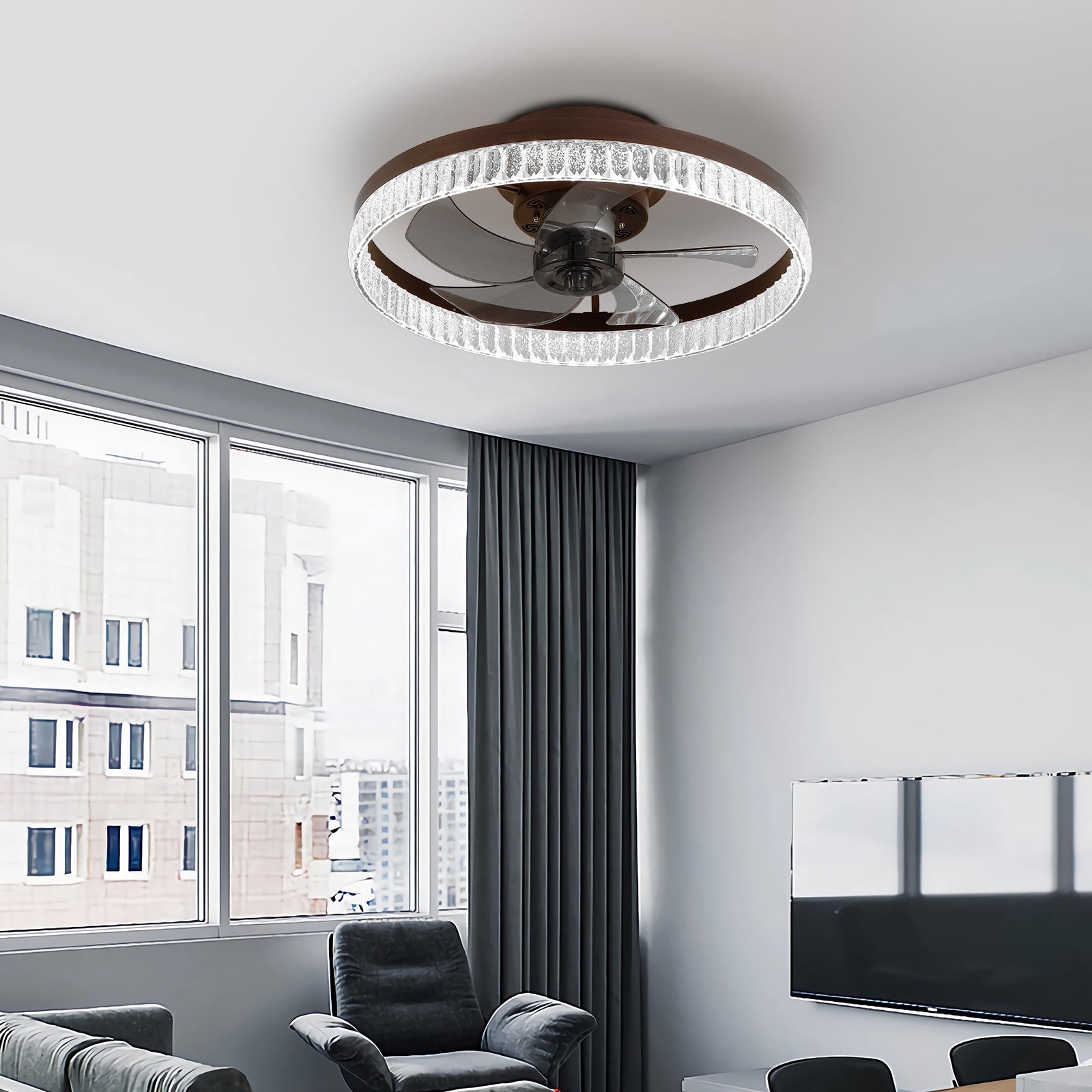 20' Brown Ceiling Fan with LED Light – Modern Flush Mount Fan Light for Bedroom, Living Room, and Home Décor with Crystal Ring Design - 1st Choice Furniture Direct