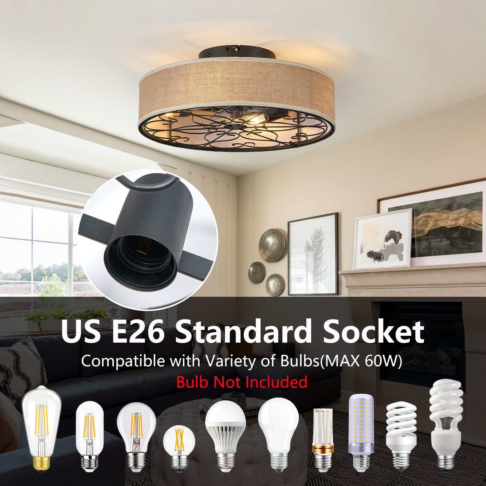 20 Inch Caged Ceiling Fans with Lights Flush Mount,Low Profile Fabric Farmhouse Bladeless Ceiling Fan with Remote, Farmhouse White Ceiling Fan for Bedroom,6 Speeds Reversible Silent Fandalier - 1st Choice Furniture Direct