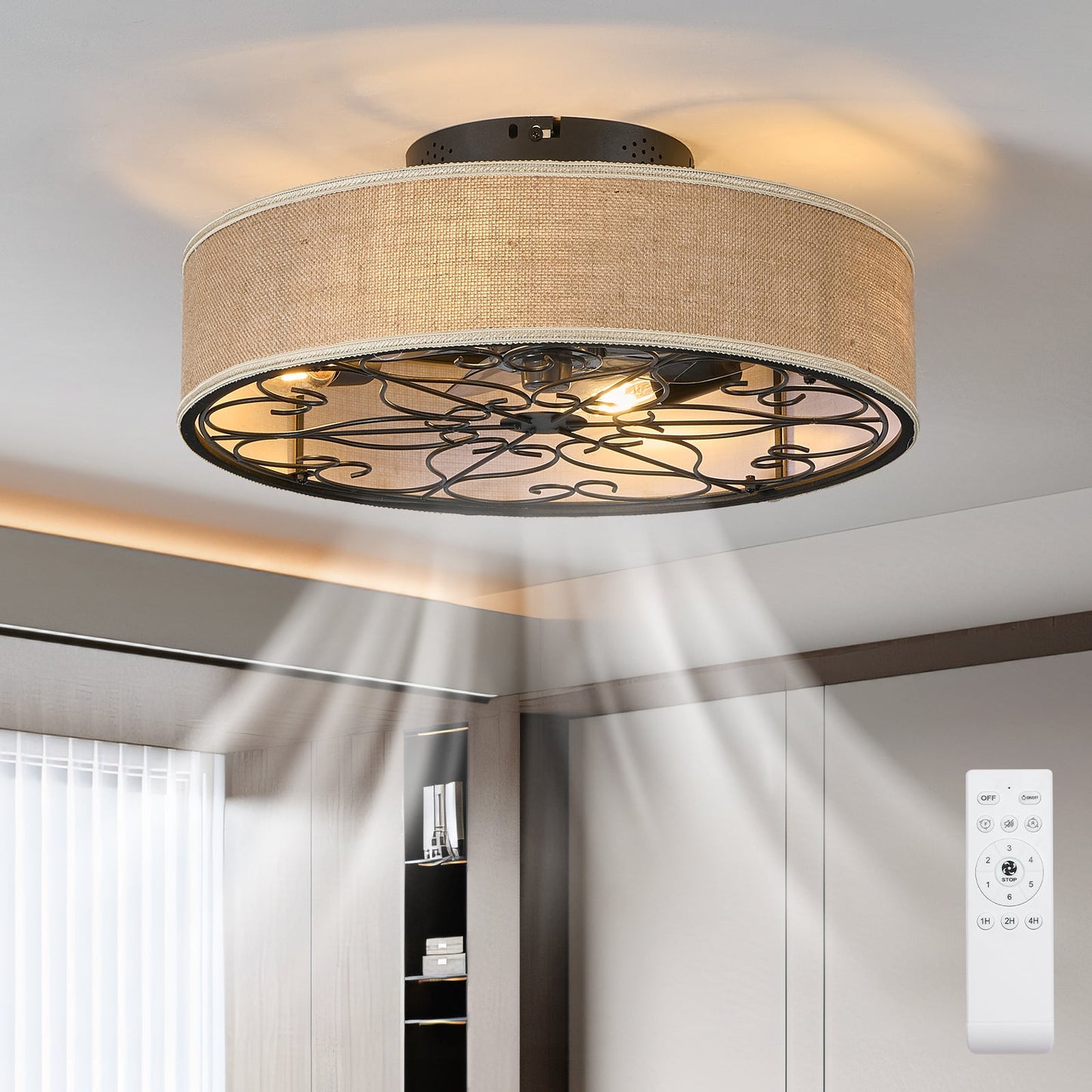 20 Inch Caged Ceiling Fans with Lights Flush Mount,Low Profile Fabric Farmhouse Bladeless Ceiling Fan with Remote, Farmhouse White Ceiling Fan for Bedroom,6 Speeds Reversible Silent Fandalier - 1st Choice Furniture Direct