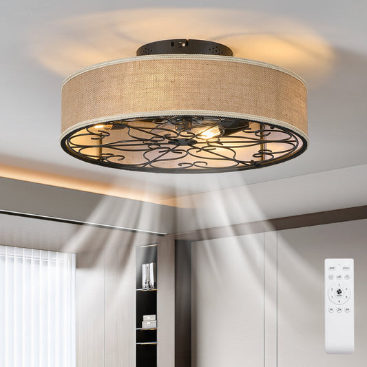 20 Inch Caged Ceiling Fans with Lights Flush Mount,Low Profile Fabric Farmhouse Bladeless Ceiling Fan with Remote, Farmhouse White Ceiling Fan for Bedroom,6 Speeds Reversible Silent Fandalier - 1st Choice Furniture Direct