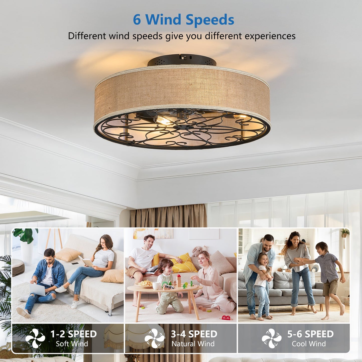 20 Inch Caged Ceiling Fans with Lights Flush Mount,Low Profile Fabric Farmhouse Bladeless Ceiling Fan with Remote, Farmhouse White Ceiling Fan for Bedroom,6 Speeds Reversible Silent Fandalier - 1st Choice Furniture Direct