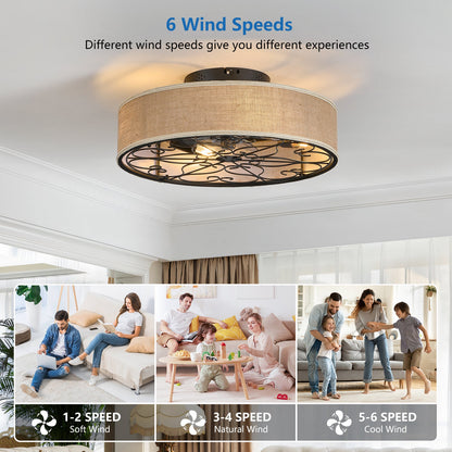 20 Inch Caged Ceiling Fans with Lights Flush Mount,Low Profile Fabric Farmhouse Bladeless Ceiling Fan with Remote, Farmhouse White Ceiling Fan for Bedroom,6 Speeds Reversible Silent Fandalier - 1st Choice Furniture Direct