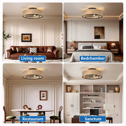 20 Inch Caged Ceiling Fans with Lights Flush Mount,Low Profile Fabric Farmhouse Bladeless Ceiling Fan with Remote, Farmhouse White Ceiling Fan for Bedroom,6 Speeds Reversible Silent Fandalier - 1st Choice Furniture Direct
