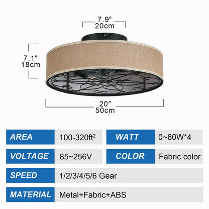 20 Inch Caged Ceiling Fans with Lights Flush Mount,Low Profile Fabric Farmhouse Bladeless Ceiling Fan with Remote, Farmhouse White Ceiling Fan for Bedroom,6 Speeds Reversible Silent Fandalier - 1st Choice Furniture Direct