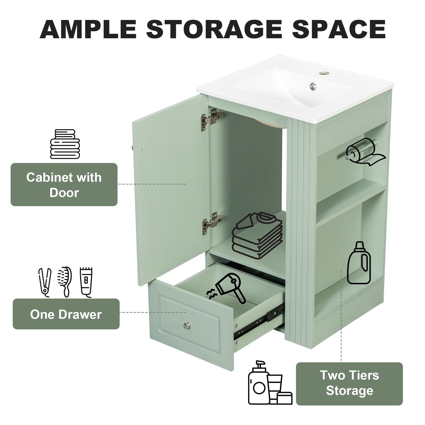 20 Inch Compact Bathroom Vanity – Green Freestanding Sink Cabinet with Storage - 1st Choice Furniture Direct