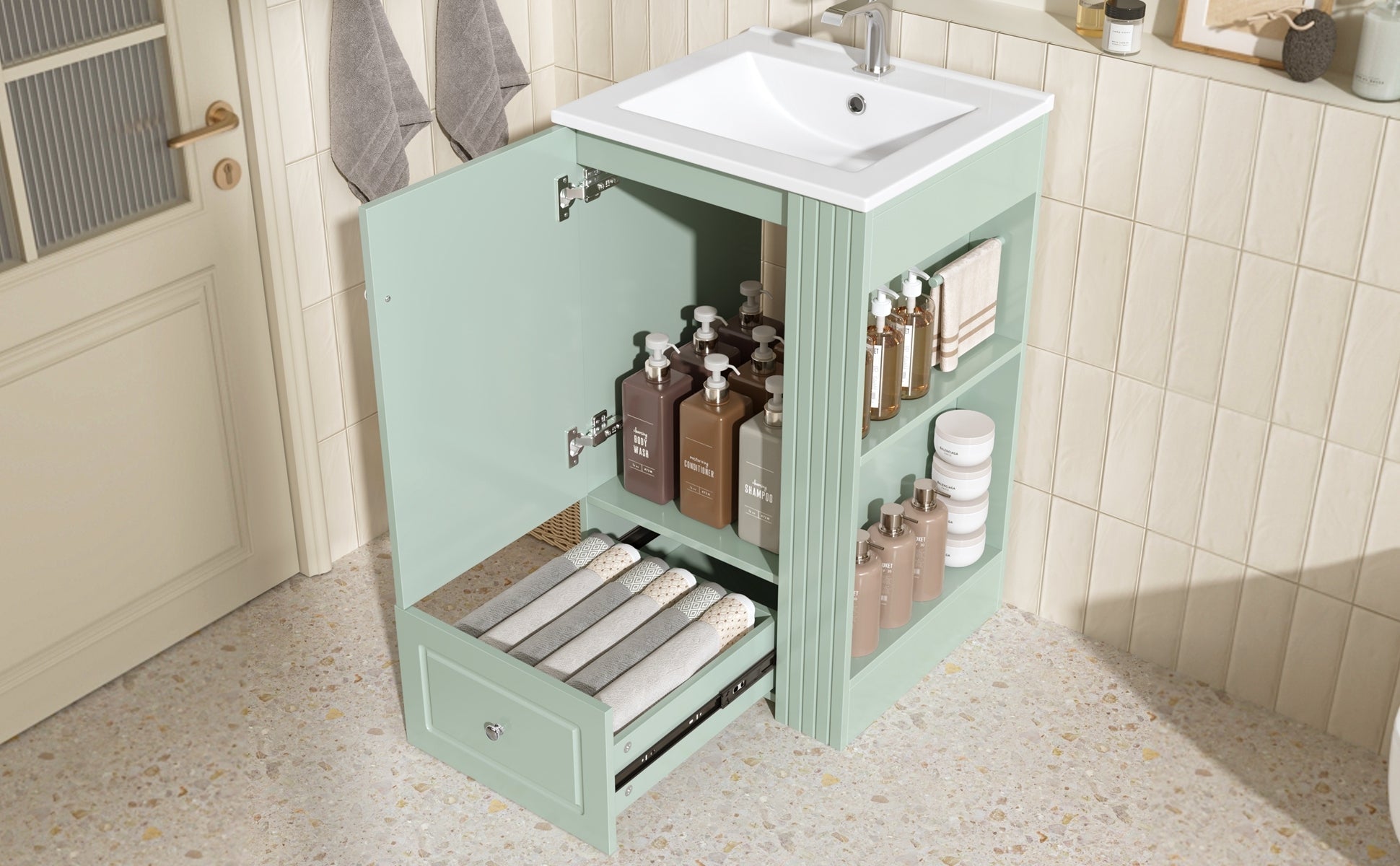20 Inch Compact Bathroom Vanity – Green Freestanding Sink Cabinet with Storage - 1st Choice Furniture Direct