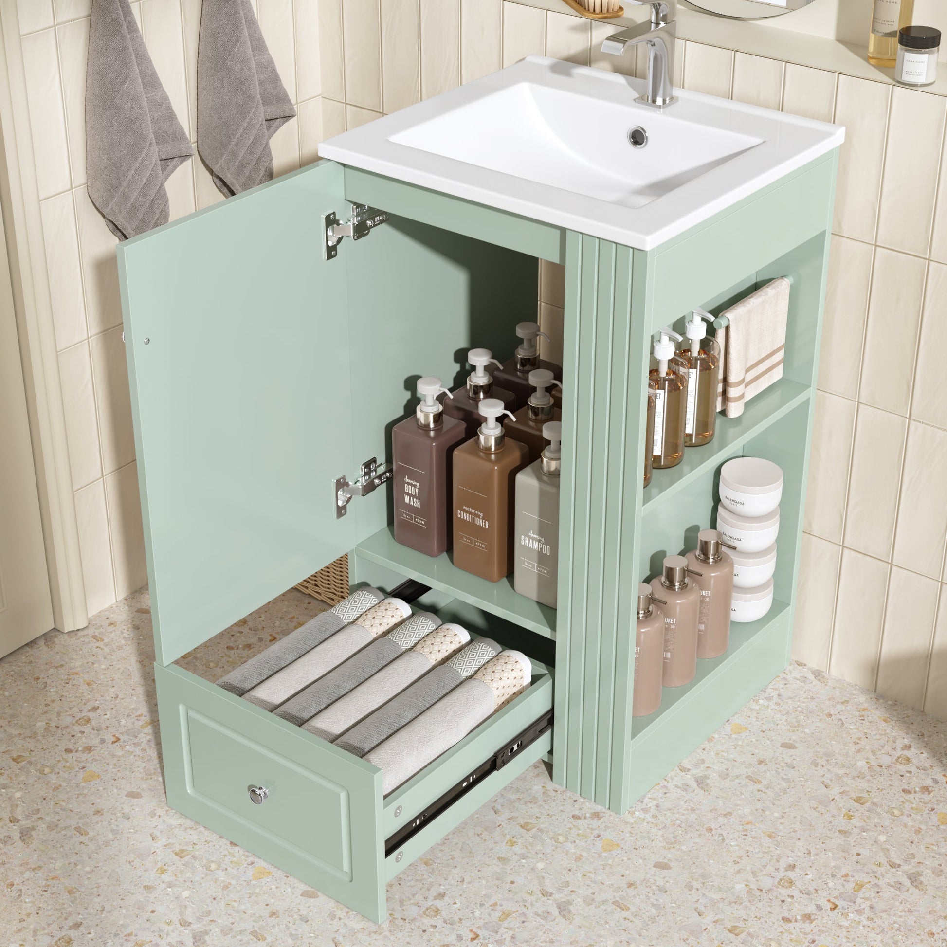 20 Inch Compact Bathroom Vanity – Green Freestanding Sink Cabinet with Storage - 1st Choice Furniture Direct