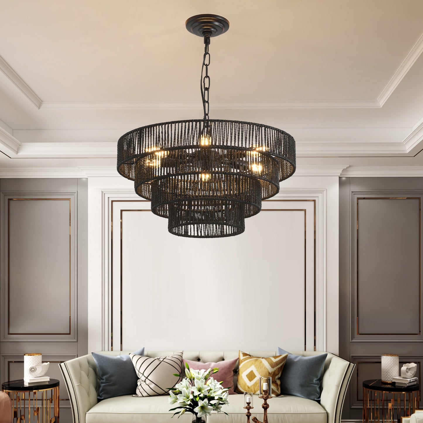 20' Rustic 4 - Tier Black Hemp Rope Pendant Light Chandelier with 6 E12 Sockets, Handmade Tiered Boho Ceiling Light Fixture for Dining Room, Kitchen, or Foyer (Bulb Not Included) - 1st Choice Furniture Direct