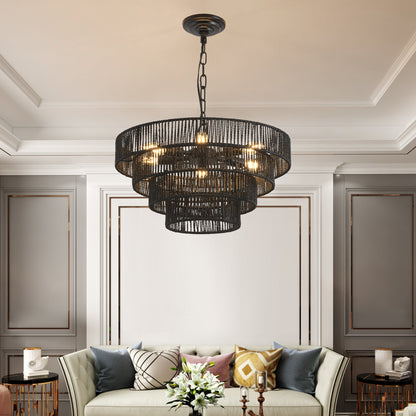 20' Rustic 4 - Tier Black Hemp Rope Pendant Light Chandelier with 6 E12 Sockets, Handmade Tiered Boho Ceiling Light Fixture for Dining Room, Kitchen, or Foyer (Bulb Not Included) - 1st Choice Furniture Direct