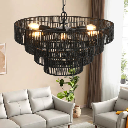 20' Rustic 4 - Tier Black Hemp Rope Pendant Light Chandelier with 6 E12 Sockets, Handmade Tiered Boho Ceiling Light Fixture for Dining Room, Kitchen, or Foyer (Bulb Not Included) - 1st Choice Furniture Direct
