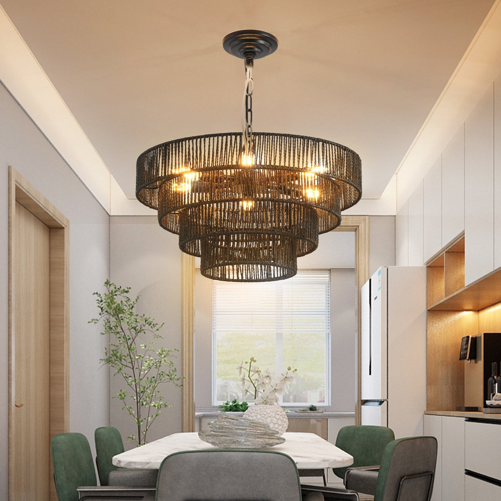 20' Rustic 4 - Tier Black Hemp Rope Pendant Light Chandelier with 6 E12 Sockets, Handmade Tiered Boho Ceiling Light Fixture for Dining Room, Kitchen, or Foyer (Bulb Not Included) - 1st Choice Furniture Direct