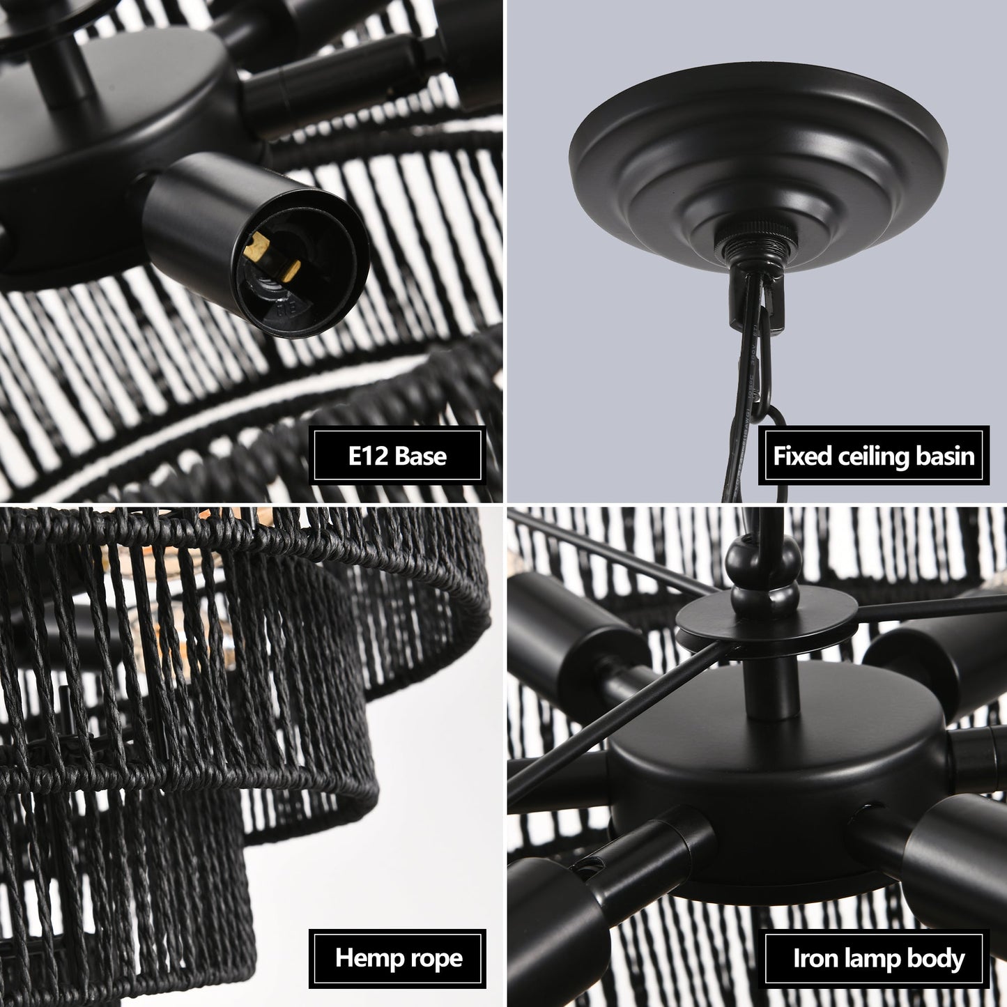20' Rustic 4 - Tier Black Hemp Rope Pendant Light Chandelier with 6 E12 Sockets, Handmade Tiered Boho Ceiling Light Fixture for Dining Room, Kitchen, or Foyer (Bulb Not Included) - 1st Choice Furniture Direct