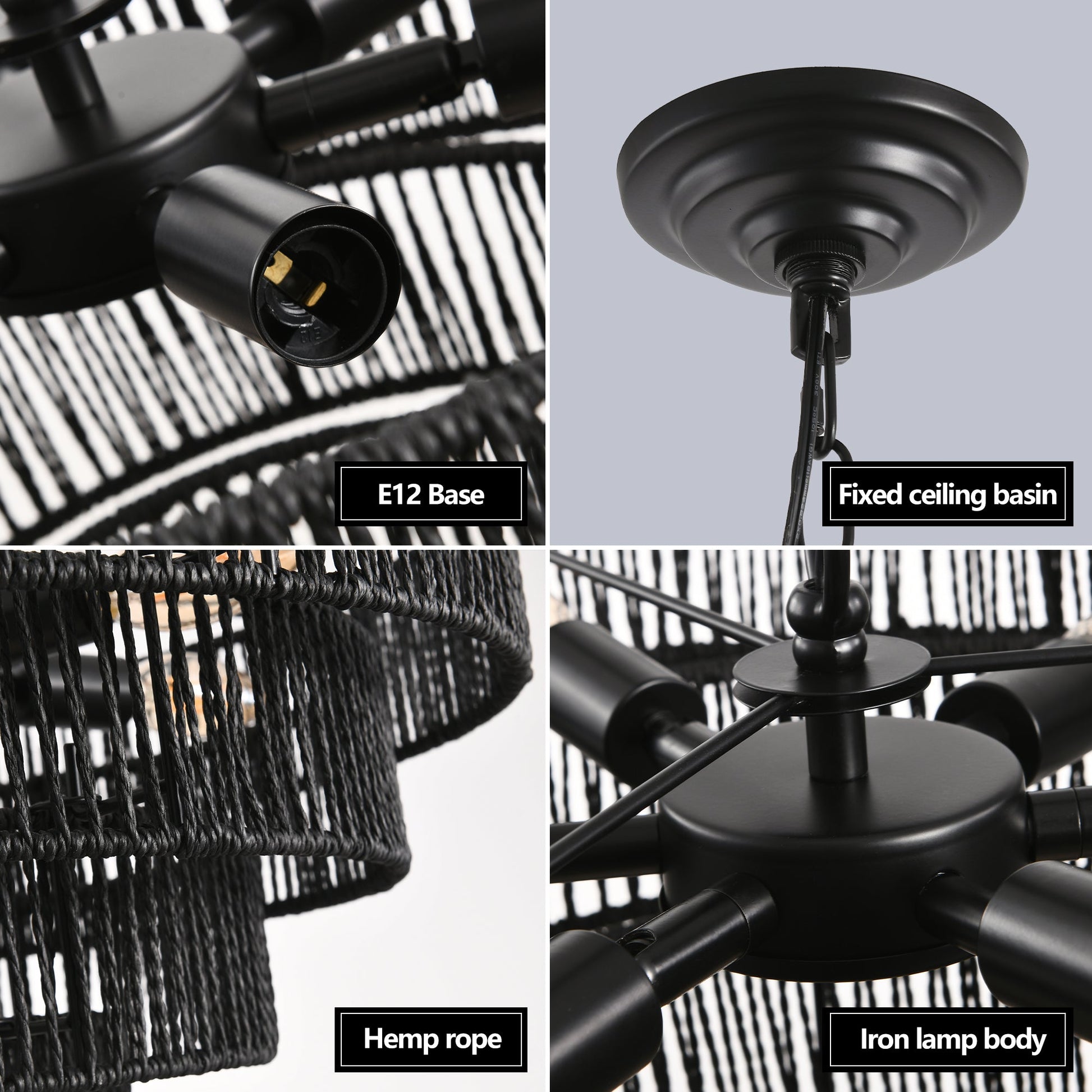 20' Rustic 4 - Tier Black Hemp Rope Pendant Light Chandelier with 6 E12 Sockets, Handmade Tiered Boho Ceiling Light Fixture for Dining Room, Kitchen, or Foyer (Bulb Not Included) - 1st Choice Furniture Direct