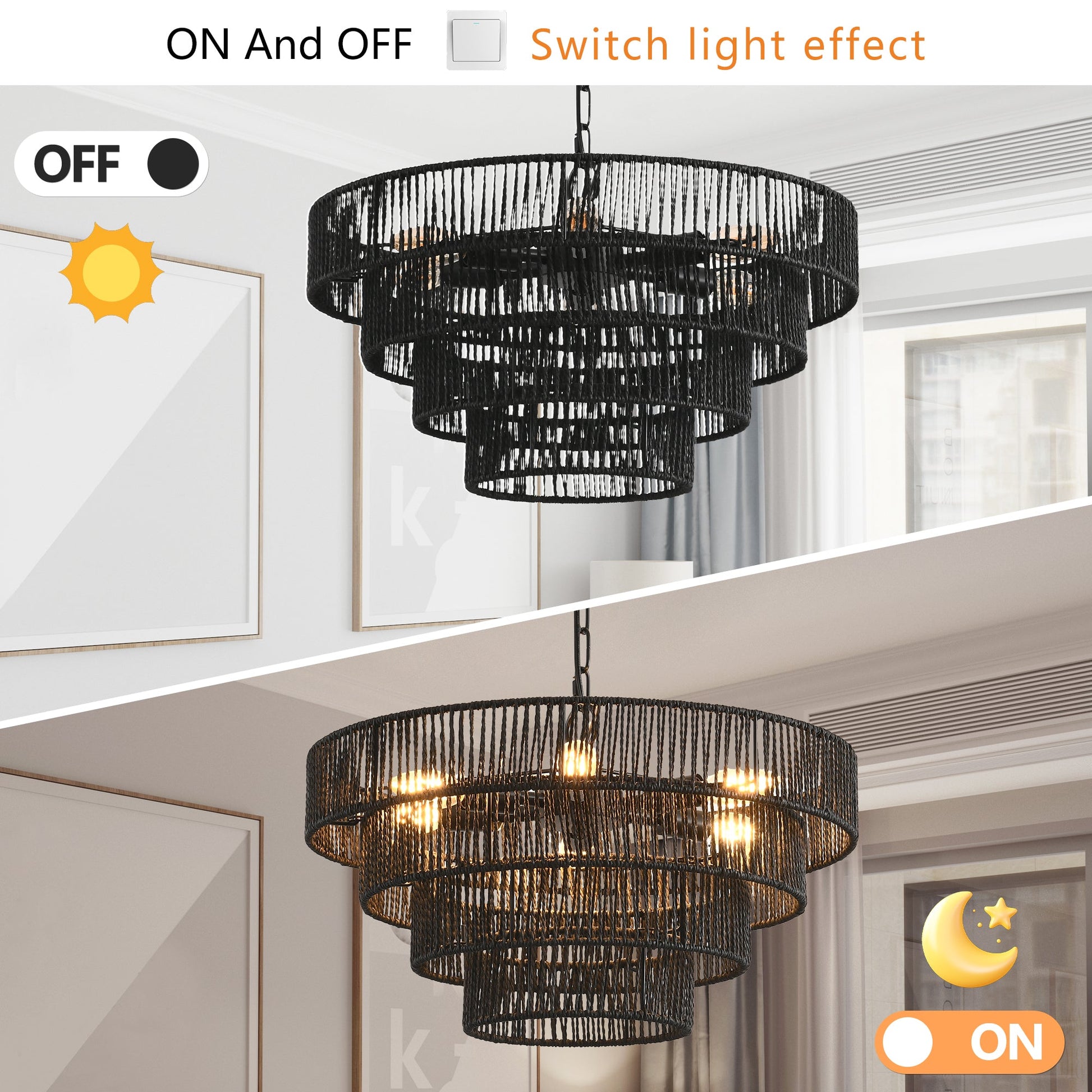 20' Rustic 4 - Tier Black Hemp Rope Pendant Light Chandelier with 6 E12 Sockets, Handmade Tiered Boho Ceiling Light Fixture for Dining Room, Kitchen, or Foyer (Bulb Not Included) - 1st Choice Furniture Direct