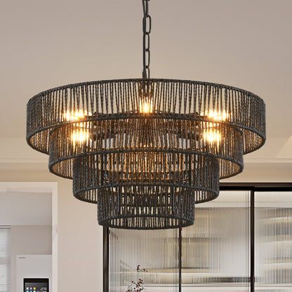 20' Rustic 4 - Tier Black Hemp Rope Pendant Light Chandelier with 6 E12 Sockets, Handmade Tiered Boho Ceiling Light Fixture for Dining Room, Kitchen, or Foyer (Bulb Not Included) - 1st Choice Furniture Direct
