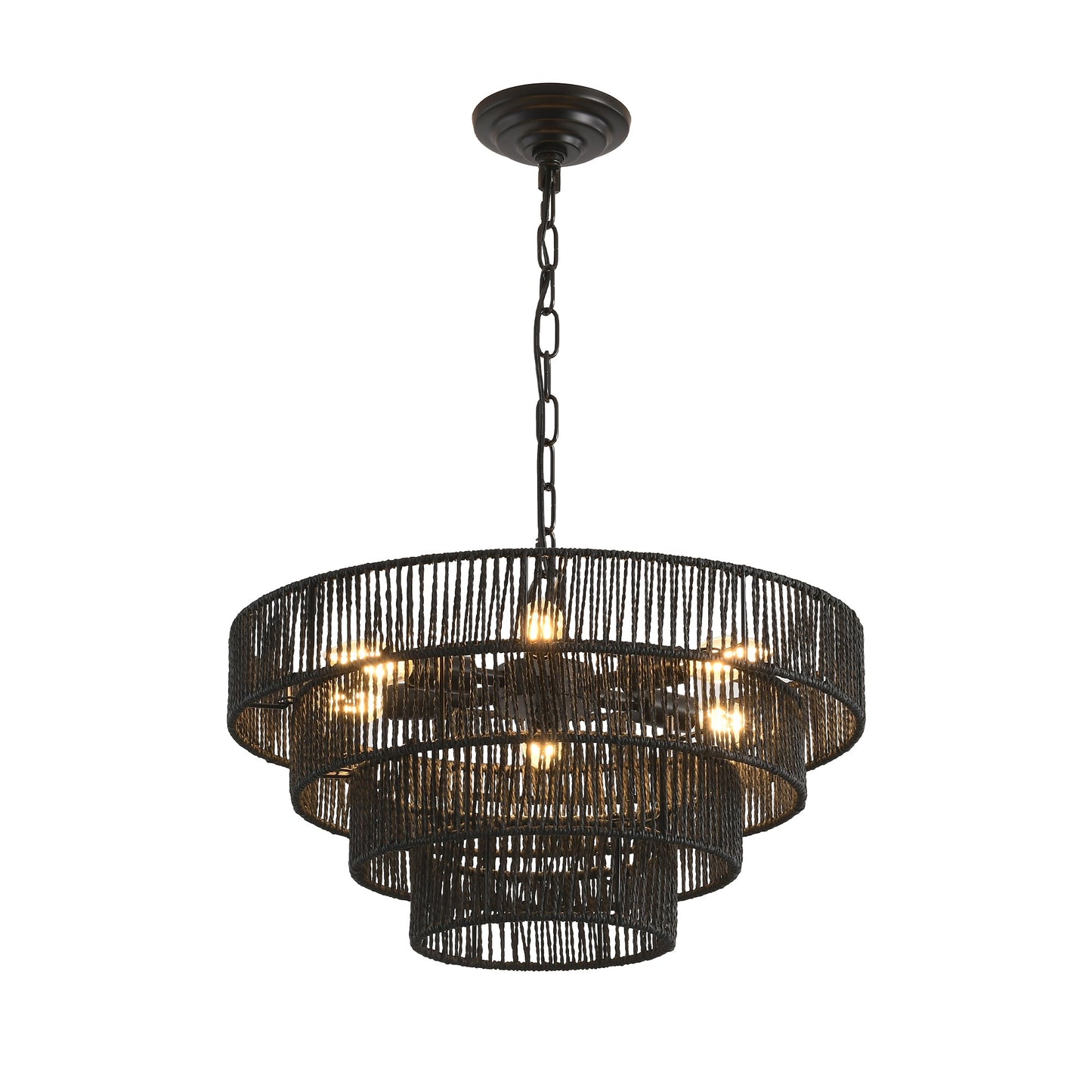 20' Rustic 4 - Tier Black Hemp Rope Pendant Light Chandelier with 6 E12 Sockets, Handmade Tiered Boho Ceiling Light Fixture for Dining Room, Kitchen, or Foyer (Bulb Not Included) - 1st Choice Furniture Direct