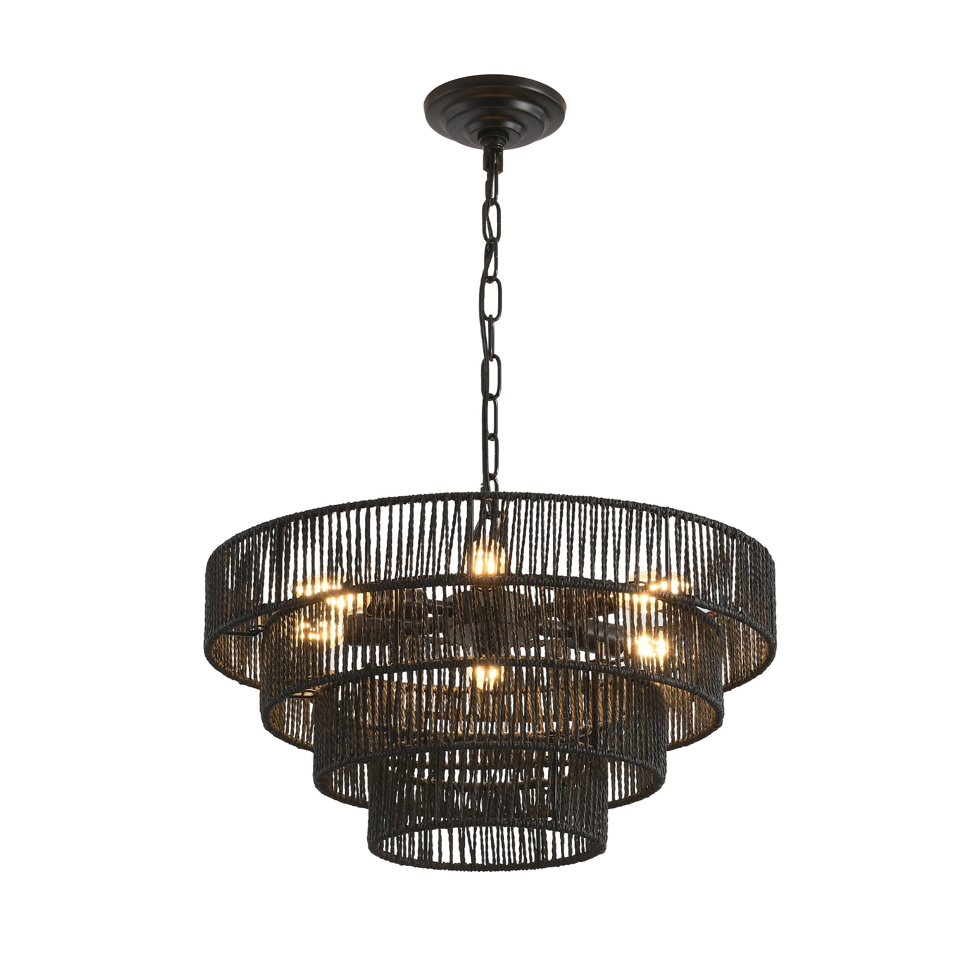 20' Rustic 4 - Tier Black Hemp Rope Pendant Light Chandelier with 6 E12 Sockets, Handmade Tiered Boho Ceiling Light Fixture for Dining Room, Kitchen, or Foyer (Bulb Not Included) - 1st Choice Furniture Direct